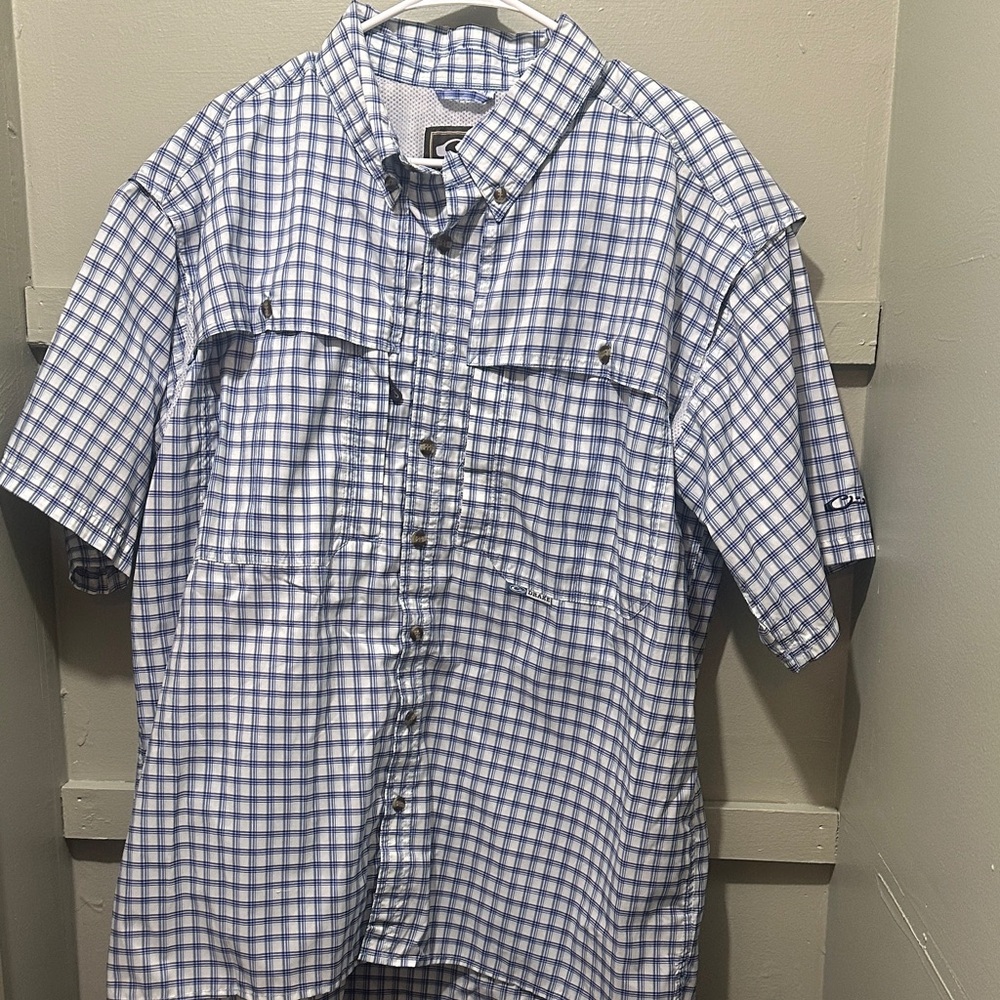Drake Blue and White Plaid Fishing Performance Shirt